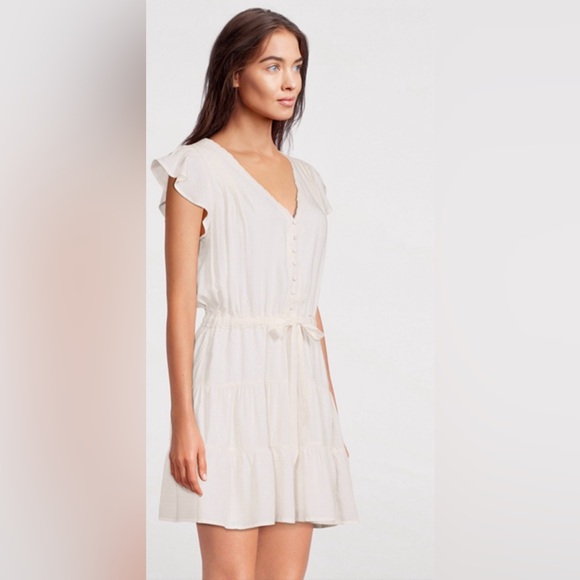 Paige Rosalee Drawstring Mini Dress w Flutter Sleeves & Scalloped V-neck - Picture 5 of 11